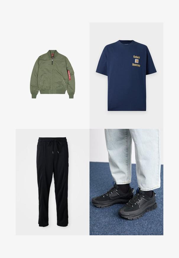 Olivno zelena bomberska jakna, iz najlona, zadrga spredaj, rebrasti manšeti in spodnji del, stranski žepi, z rdečo oznako na levem rokavu.; Navy modra bombažna majica s kratkimi rokavi, z zlatim napisom "Carhartt University" in logotipom na levem prsnem delu.; Črne casual hlače z vrvico v pasu, s stranskimi žepi in ravnim rezom na enobarvni podlagi.; Črne športne čevlje z teksturirano tkanino in gumijastimi podplati, ki imajo elastične vezalke ter modre poudarke na peti. Nosi se z lahkimi denim hlačami.