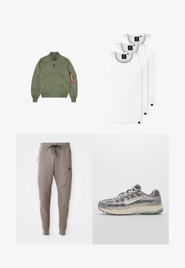 Olijfgroene bomberjack, nylon materiaal, ritssluiting aan de voorkant, ribgebreide manchetten en zoom, zijzakken, met een rode labeldetail op de linkermouw.; Drie witte geribde tanktops van katoen. Kenmerken zijn een ronde hals en kleine zwarte labels nabij de zoom. Verkrijgbaar in meerdere maten.; Grijze Nike-sweatpants met een verstelbare tailleband, taps toelopende benen, zijzakken en opvallende naaddetails. Zachte, gestructureerde stof.; Grijze sportieve schoen met een bovenwerk van mesh en suede, witte accenten, een gevoerde zool en een onderscheidend ontwerp met reflecterende elementen.