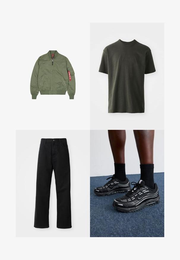 Olive green bomber jacket, nylon material, zip front, ribbed cuffs and hem, side pockets, features red tag detail on left sleeve.; Dark green t-shirt made of soft fabric, featuring a crew neck and short sleeves. Embroidered "nike" logo in a slightly darker green.; Black denim pants with a straight cut, featuring front pockets, a zip fly, and a single top button. Textured fabric with a matte finish.; Black Nike shoes feature a mesh upper with accent stripes, textured lacing, and a black rubber sole. Worn with black ribbed socks.