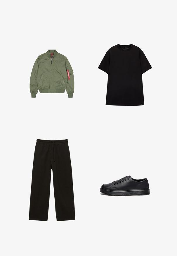 Giacca bomber verde oliva, materiale in nylon, chiusura con zip frontale, polsini e orlo a coste, tasche laterali, dettagli con etichetta rossa sulla manica sinistra.; PULL&BEAR JOIN LIFE - T-shirt basic - black; Pantaloni larghi neri con vita elasticizzata e coulisse, realizzati in morbido tessuto a coste.; Sneaker nere a scarpa bassa realizzate in materiale sintetico liscio, con lacci tondi, sei occhielli e una suola in gomma testurizzata con accenti bianchi.