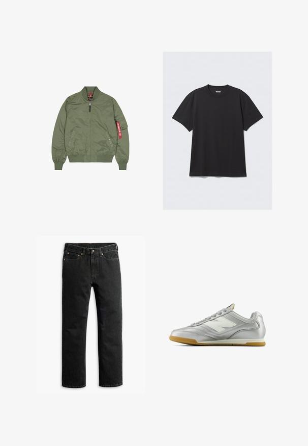 Veste bomber vert olive, en nylon, fermeture éclair à l'avant, poignets et ourlet côtelés, poches latérales, avec un détail de tag rouge sur la manche gauche.; T-shirt noir à manches courtes en coton. Il présente un col rond et une coupe décontractée. Design simple sans motifs ni accents visibles.; Jean en denim noir à jambe droite avec cinq poches, passants de ceinture et fermeture par bouton à la taille, disposé à plat sur un fond blanc.; Chaussure de sport argentée avec une surface lisse et brillante, logo blanc sur le côté, lacets gris texturés et semelle en caoutchouc gomme.