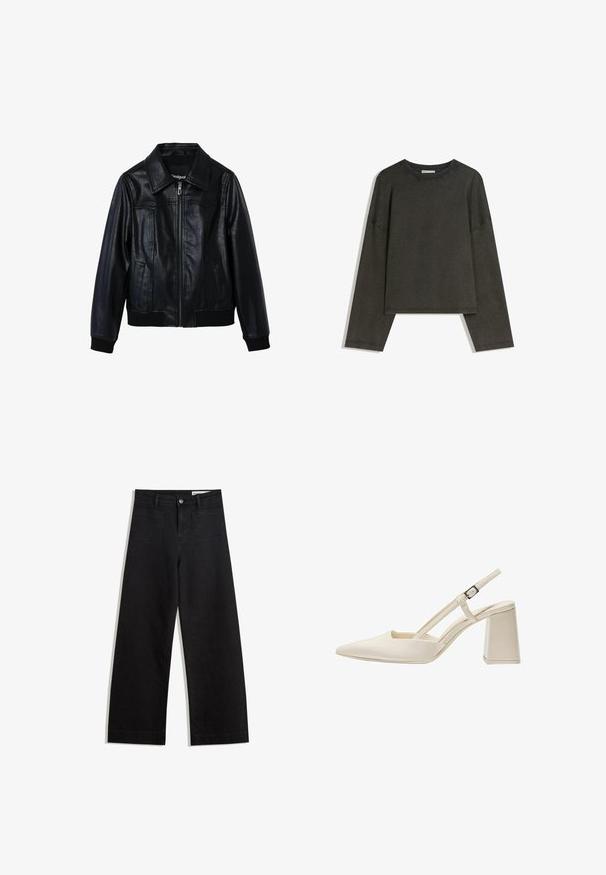 Desigual BIKER - Giacca in similpelle - black; Maglia a maniche lunghe grigio scuro realizzata in un mix di cotone. Ha una forma ampia con scollatura rotonda e spalle scese, con cuciture visibili.; Pantaloni in denim neri a gamba larga con vita alta, dotati di tasche anteriori e posteriori, cuciture a punto, e chiusura con bottone. Texture liscia.; Scarpe beige con tacco a blocco medio, punta affusolata, finitura lucida in vernice e cinturino regolabile. Design minimalista con lati aperti.