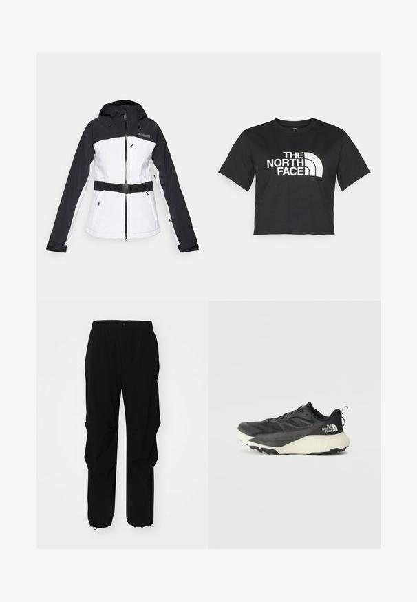 Juodai balta slidinėjimo striukė su užtrauktuku priekyje, reguliuojama kapišonu, dirželiu juosmeniui ir užtrauktukais šonuose bei krūtinėje.; Juodas trumpas medvilninis marškinėliai, kuriuose yra baltas logotipas su kreivomis detalėmis ir užrašu "THE NORTH FACE" priekyje. Trumpomis rankovėmis, apvaliu kaklu.; Juodos lauko kelnės, pagamintos iš tvirto medžiagos, su laisvu siluetu, elastinga juosmens juosta ir surišamais rankogaliais, leidžiančiais reguliuoti ilgį.; Juodas sportinis batas su tekstūruota viršutine dalimi, su pilkomis detalėmis ir baltu viduriu. Apima pakėlimo juostelę ir ryškų prekės ženklo logotipą ant kulno.