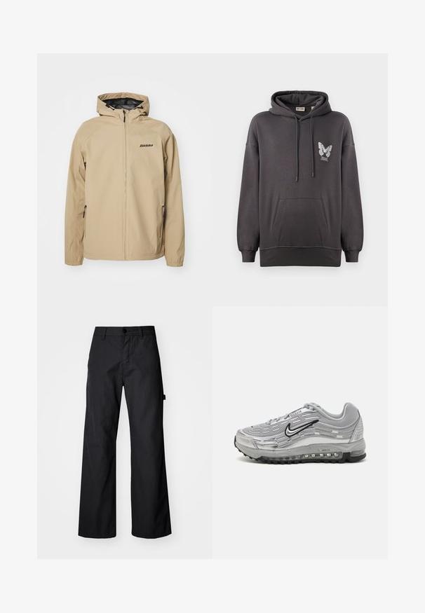 Beež kerge jakk, millel on lukuga esiosa, reguleeritav kapuuts ja küljetaskud. Omab musta logo rinnal ja elastseid mansette.; Hallitus halli kapuutsiga sviiter, millel on eesmine tasku ja vasakul rinnal liblika graafika. Valmistatud pehmest, tekstuuriga kangast, millel on reguleeritavad paelad.; Mustad, laiad püksid, mis on valmistatud vastupidavast kangast. Omavad nupuga sulgemist ja küljetaskuid. Sile tekstuur ja puhas disain.; Hallide Nike Air Max sneaks, milleto, syntetiline ülemine osa, lainekujulise disainiga, mustade aktsentidega ja nähtava õhkpadja süsteemiga.