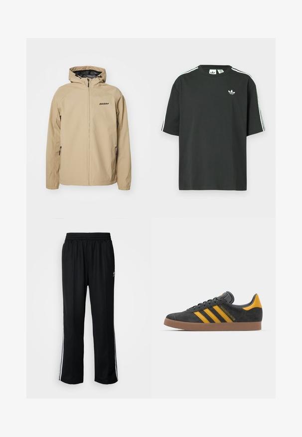 Giacca leggera beige con zip frontale, cappuccio regolabile e tasche laterali. Presenta un logo nero sul petto e polsini elastici.; Maglietta nera in cotone con maniche corte, scollo rotondo e dettagli bianchi a tre strisce sulle spalle. Presenta un piccolo logo bianco sul petto.; Pantaloni da allenamento neri con elastico in vita, dotati di bande laterali bianche e un piccolo logo. Il materiale sembra morbido e leggero.; Sneaker in suede nero con dettagli gialli, dotato di tre strisce e una suola in gomma marrone. Include una linguetta imbottita per il comfort.