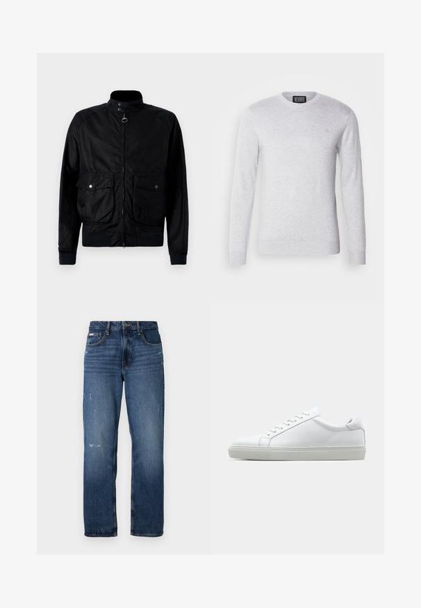 Black bomber jacket made of durable fabric, featuring a front zipper, two large snap-button pockets, and ribbed cuffs and hem.; Light gray knitted sweater with long sleeves, round neckline, and a small logo embroidered on the chest. Soft texture, casual design.; Blue denim jeans with a straight leg design. Features faded areas and light distressing on the front, with a classic button closure.; White sneaker with a smooth leather upper and a low profile. Features a rounded toe, six eyelets, and a textured rubber sole.