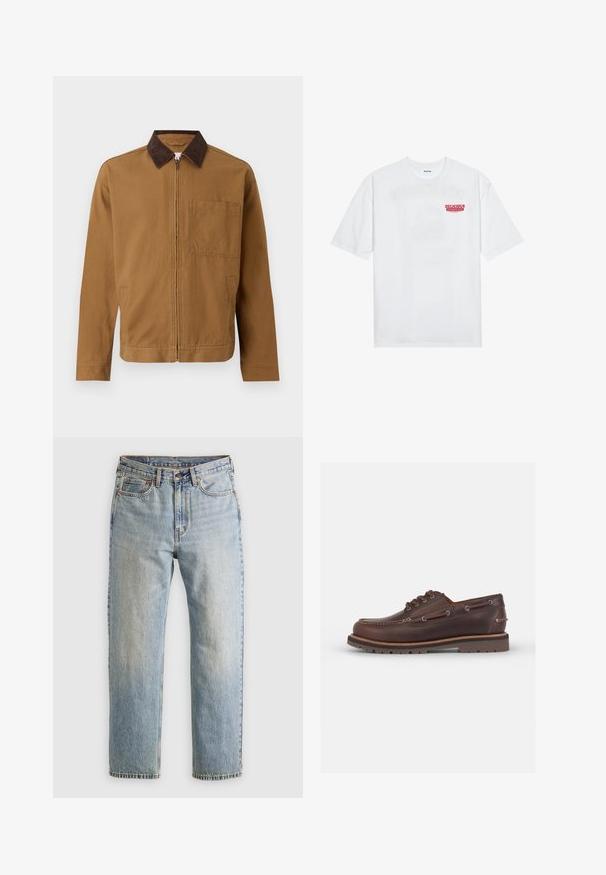 Bruine ritsjack met een donkerbruine corduroy kraag, lange mouwen en een vierkant borstzakje aan de linkerkant.; Witte katoenen t-shirt met korte mouwen, ronde hals en een rode grafische tekst "LEKKER VERFRISSEND FRUIT" aan de voorkant.; Lichtblauwe denim jeans met hoge taille, frontknop, rits en vijfzakkenontwerp, plat gelegd op een neutrale achtergrond.; Bruine leren bootschoen met een afgeronde neus, zes oogjes, contrasterende stiksels en een gestructureerde rubberen zool.