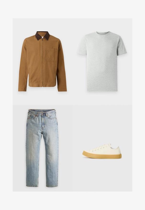 Ruda zip-up striukė su tamsiai rudomis šerpuotėmis, ilgomis rankovėmis ir kvadrato formos krūtine kišenėje kairėje pusėje.; Šviesiai pilka trumpomis rankovėmis marškinėliai su apvaliu kaklu, pristatyti baltoje fone, matomi iš priekio, be jokių matomų logotipų ar dizaino.; Šviesiai mėlynos džinsinės kelnės su aukštu liemeniu, priekyje mygtukas, užtrauktukas ir penkių kišenių dizainas, išklotos ant neutralios fono.; Oficio drobės sneakeriai baltai kreminės spalvos, su apvaliu galiuku, su smėlio spalvos guminiais padais ir penkiomis skylėmis raištams, turintys tekstūruotą viršutinę dalį.