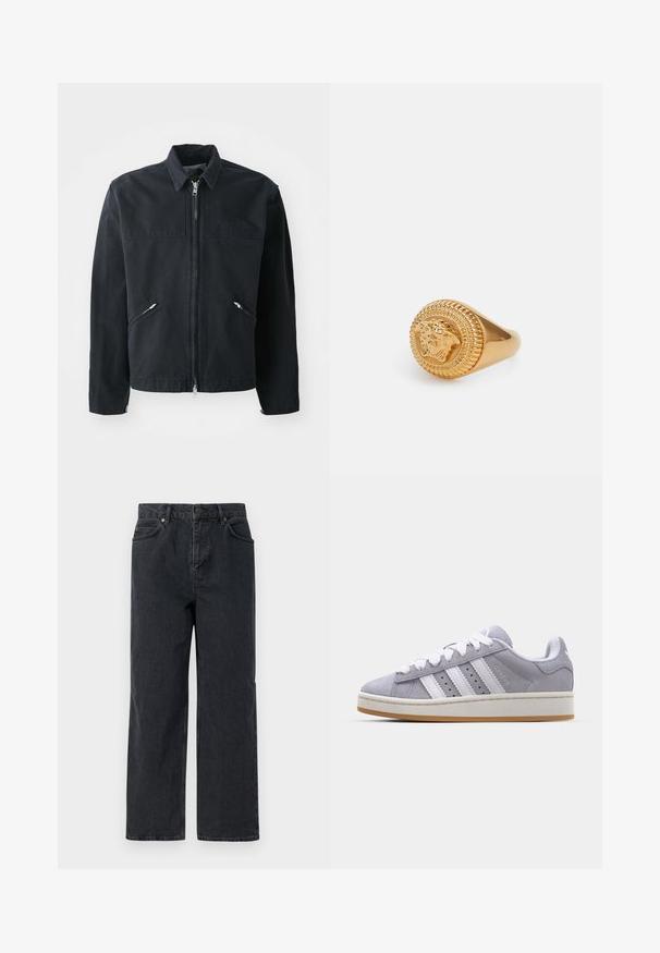 Black zip-up jacket with a fitted design, two front pockets, stand-up collar, and a textured fabric. Features a logo on the left side.; Black cotton t-shirt featuring a rounded neckline, short sleeves, and a small yellow logo on the chest. Classic fit with a smooth texture.; Dark blue denim trousers with a wide leg, five-pocket design, and a button closure. Includes copper-tone hardware and subtle texture.; Gray suede sneakers with white stripes, round toe, and rubber sole. Features perforations on the side and textured heel tab.; Versace UNISEX - Ring - gold- coloured