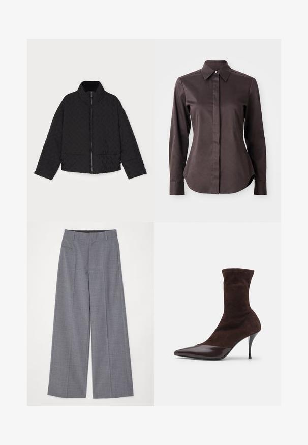 Emporio Armani BLOUSON - Talvitakki - nero; Tummanruskea pitkähihaista nappipaitaa, jossa on terävä kaulus ja piilotettu nappilista, valkoisella taustalla.; MM6 Maison Margiela PANTS - Housut - grey melange; Ruskea mokkanahkainen nilkkuri, jossa on terävä kärki ja kiiltävä burgundin punainen patenttinahkainen kärki. Kengässä on myös kapea stiletto-korko ja tekstuuri päällä.