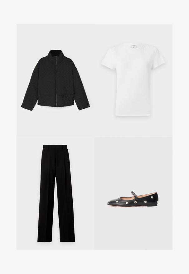 Emporio Armani BLOUSON - Téli dzseki - nero; Fehér pamut póló kerek nyakkivágással és rövid ujjal, laza fazonban és minimalista dizájnnal. A címke látható a nyakán.; Fekete, bő szárú nadrág sima anyagból, magas derékkal, elülső redőkkel és letisztult, szabott kialakítással, díszítés nélkül.; Fekete bőr Mary Jane lapossarkú cipő, lekerekített orral, ezüst színű kör alakú szegecsekkel és állítható pánttal, csattal.
