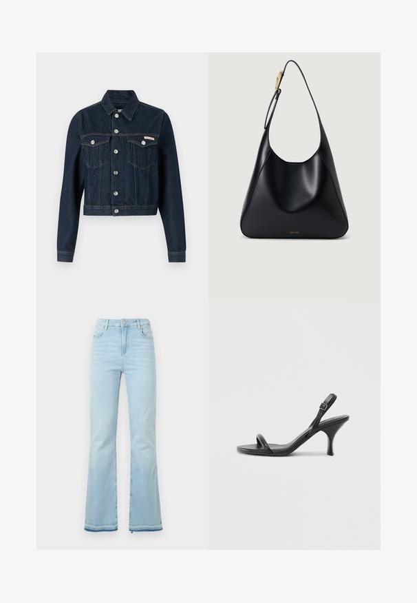 Jaqueta cropped de denim escuro com colarinho pontudo, botões de pressão prateados e dois bolsos no peito. Apresenta costura em contraste.; T-shirt branca de algodão com mangas curtas, gola redonda e um discreto logótipo em relevo da Calvin Klein na parte da frente. Textura suave, corte clássico.; Jeans flare azul claro feitos de denim, com uma cintura alta, bolsos frontais e uma bainha desgastada nas bainhas para um look casual.; Sandálias de salto alto em couro preto com um salto curvado e fino e um design de tiras cruzadas. Correia ajustável no tornozelo. Textura suave.; Bolsa de ombro em couro preto com uma textura suave, silhueta curvada e um detalhe em metal dourado. Apresenta logótipo da marca em relevo na base.