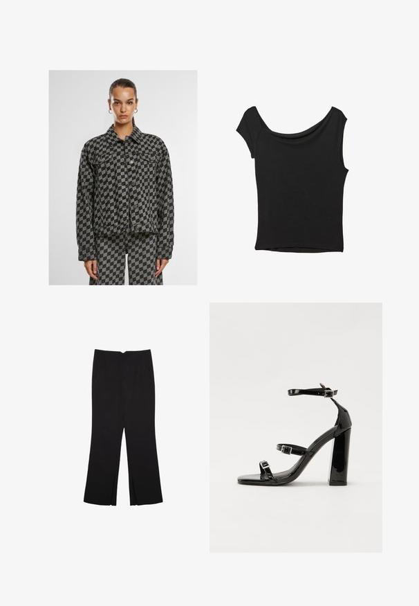Crna i siva karirana traper jakna s ovratnikom, dugmadi, džepovima na prsima i dugim rukavima, s kutijastim krojem i teksturiranim materijalom.; Crna majica kratkih rukava od glatkog materijala; ima drapirani izrez i asimetrični donji rub, uz prilagođeni kroj tijela.; Crne hlače ravnog kroja, s prednjim džepovima i bočnim prorezima na rubu. Izrađene od mekog i glatkog materijala. Pogodne za razne prigode.; Crne lakirane sandale na pete sa kvadratnim nosom, trakama oko gležnja i srebrnim kopčama. Imaju čvrst blok petu za stabilnost.