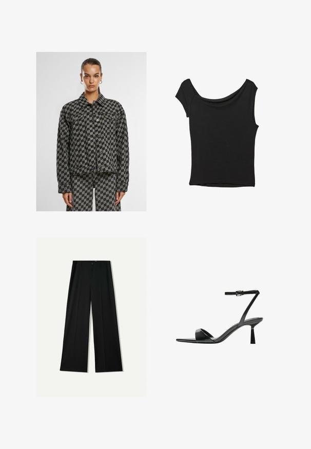 Čierna a šedá kockovaná denimová bunda s golierom, gombíkovými uzávermi, náprsními vreckami a dlhými rukávmi, s voľným strihom a textúrovanou látkou.; Čierny krátky rukáv top vyrobený z hladkej tkaniny; má prehnutý výstrih a asymetrický lem, s priliehavým telom.; Bershka WIDE - Nohavice - black; Bershka Sandále na vysokom opätku - black