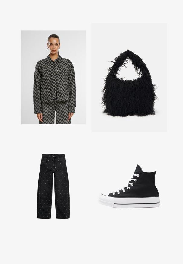 Giacca in denim a scacchi nera e grigia con colletto, chiusure con bottoni, tasche sul petto e maniche lunghe, presenta una vestibilità boxy e un tessuto texturizzato.; Blusa bianca corta con maniche a sbuffo e scollatura arricciata elasticizzata, vita e polsini delle maniche.; Jeans a gamba larga in denim nero con un motivo di piccoli occhielli in argento, dotati di un classico design a cinque tasche e chiusura con bottone.; Sneaker alta nera in tela con occhielli e lacci bianchi e suola in gomma. Presenta un punta testurizzata e accenti a strisce bianche e nere.; Even&Odd Shopping bag - black