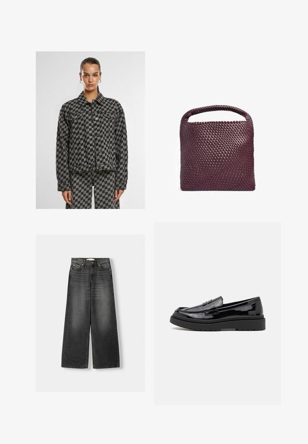 Schwarze und graue karierte Jeansjacke mit Kragen, Knopfverschlüssen, Brusttaschen und langen Ärmeln, im lässigen Schnitt und mit strukturiertem Stoff.; Schwarzes, schulterfreies Oberteil mit einer figurschmeichelnden Passform, asymmetrischem Saum und weicher, glatter Textur. Es verfügt über gerafften Stoff am Ausschnitt.; Weite, hoch taillierte Jeans aus dunkelgrauem Denim. Mit fünf Taschen, Metallnieten und Gürtelschlaufen. Glatte Textur mit leichtem Verblassen.; Schwarze Lackleder-Loafer mit runder Zehenform, einem dekorativen Riemen und einer dicken schwarzen Gummisohle. Glatte, glänzende Textur mit minimalen Nähten.; Gewebte Lederhandtasche in tiefem Burgunderrot, quadratische Form mit rundem Griff und strukturiertem Oberflächenmuster. Minimalistisches Design.