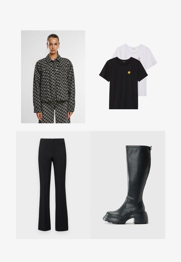 Fekete és szürke kockás farmerdzseki, gallérral, gombos záródással, mellzsebekkel és hosszú ujjakra, dobozos fazonnal és texturált anyaggal.; Fekete és fehér T-shirtok, kerek nyakkivágással, rövid ujjakkal. A fekete pólón sárga nap hímzés található; a fehér póló lila félhold díszítéssel rendelkezik.; Fekete, bővülő szárú nadrág, bordázott textúrával és testhezálló derékkal. A dizájn függőleges varratokat tartalmaz, amelyek karcsúsított megjelenést kölcsönöznek. Nincs látható fémrész.; Magas fekete bőrcipő, vastag platform talppal és blokk sarokkal, húzófüllel és texturált profillal az outsole-on.