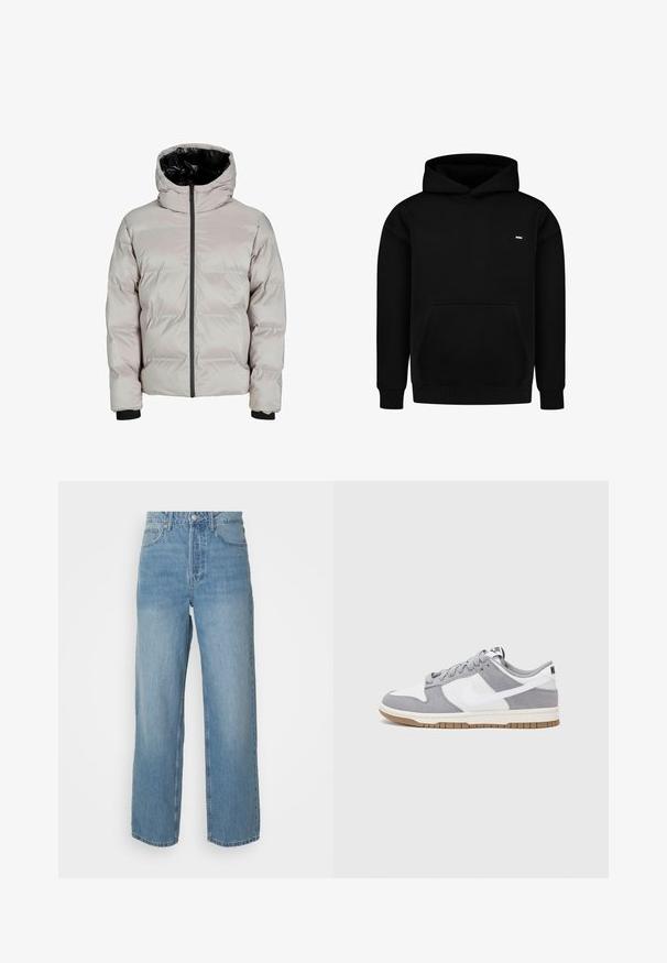 Lichtgrijze pufferjack met een zwarte binnenkant van de capuchon, voorritssluiting en ribbenmanchetten. Heeft een gestikte design voor isolatie.; Zwarte hoodie gemaakt van katoenmix stof. Voorzien van een steekzak aan de voorkant, geribbelde boorden en zoom, en een klein logo op de borst. Eenvoudig ontwerp.; Hoge taille lichtblauwe denim jeans met rechte pijpen, sluiting met een knoop aan de voorkant en vijf zakken, op een effen achtergrond.; Grijze en witte sneaker met een bovenwerk van suede en leer, ronde neus, platte veters en een rubberen zool met een gumaccent.
