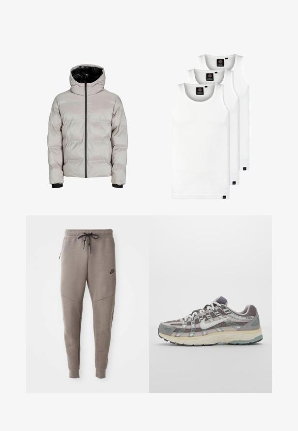 Lys grå puffjakke med svarte hetteinnsatser, frontglidelås og ribbestrikkede mansjetter. Har et quiltet design for isolasjon.; Tre hvite ribbestrikkede tank topper laget av bomull. Har en rund hals og små svarte etiketter nær kanten. Tilgjengelig i flere størrelser.; Grå Nike joggebukser med snor i midjen, smale ben, sidelommer og distinkte sømdetaljer. Myk, teksturert stoff.; Grå treningssko med overdel i nett og semsket skinn, hvite detaljer, en polstret såle, og et særpreget design med reflekterende elementer.