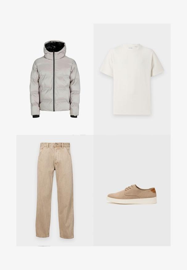 Lichtgrijze pufferjack met een zwarte binnenkant van de capuchon, voorritssluiting en ribbenmanchetten. Heeft een gestikte design voor isolatie.; Witte korte mouwen T-shirt met ribbelstructuur. Ronde hals, ontspannen pasvorm, geen zichtbare patronen of accenten. Eenvoudig en veelzijdig ontwerp.; Beige denim jeans met een recht gesneden ontwerp, voorzien van voorzakken, een metalen knoopsluiting en een subtiele textuur.; Beige suède sneakers met een ronde neus, vetersluiting aan de voorkant en een getextureerde achteraccent. De witte rubberen zool zorgt voor contrast. Eenvoudig en modern ontwerp.