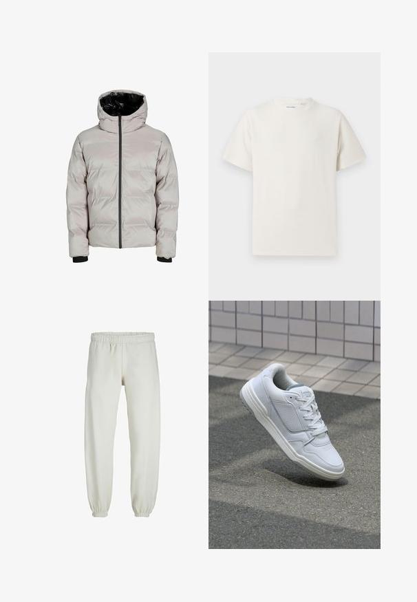 Svetlo siva puf jakna s črnimi notranjimi deli kapuce, sprednjim zadrgo in rebrastimi manšetami. Ima kakovostno prešitje za izolacijo.; Bela majica s kratkimi rokavi iz rebraste tkanine. Okrogli izrez, sproščen kroj, brez vidnih vzorcev ali naglasov. Preprosta in vsestranska zasnova.; Bele trenerke narejene iz mehkega blaga, z elastičnim pasom in manšetami, gladke teksture in ohlapnega kroja.; Bela usnjena superga s perforiranimi stranicami, teksturiranimi detajli, ravnimi vezalkami in kontrastno sivo peto. Ima rahlo dvignjen podplat.