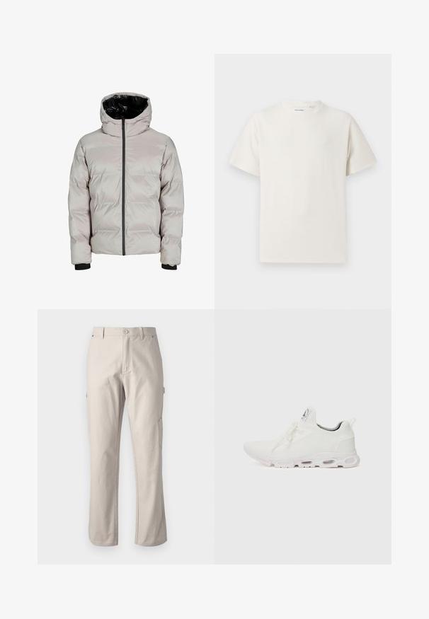 Light gray puffer jacket with a black hood interior, front zip closure, and ribbed cuffs. Features a quilted design for insulation.; White short-sleeve T-shirt in a ribbed texture. Round neckline, relaxed fit, no visible patterns or accents. Simple and versatile design.; Beige cargo pants made of sturdy cotton with straight legs, front button closure, and side pockets for utility. Smooth texture with subtle stitching.; White athletic shoes featuring a textured knit upper, flat laces, and a cushioned sole with visible air chambers for added support.