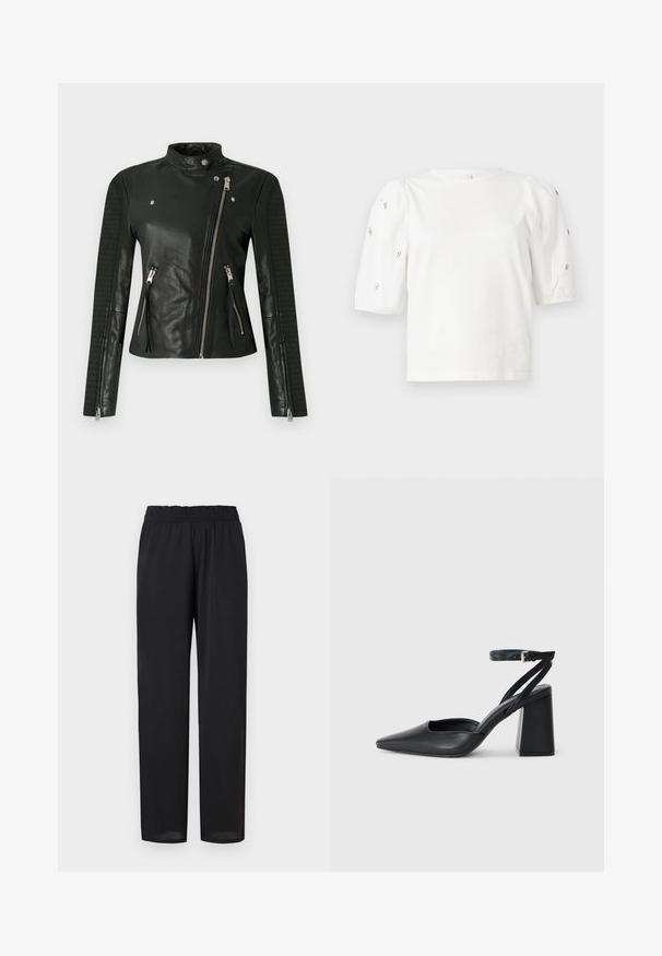 Casaco de couro preto para motociclistas com gola alta, fecho assimétrico e detalhes canelados nas mangas; possui dois bolsos frontais com fecho de correr.; T-shirt branca de algodão com mangas puff curtas, apresentando pequenos embellissements prateados ao longo das mangas. Decote redondo clássico, corte descontraído.; Calças pretas, leves, com um corte descontraído, apresentando uma cintura elástica e uma textura suave. As pernas retas afunilam ligeiramente na bainha.; Sandal com biqueira afilada em couro preto, com cinta no tornozelo e salto grosso. Textura lisa, design elegante e estética minimalista.