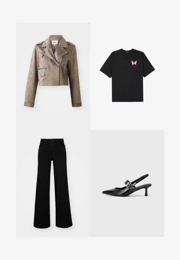 Barna műbőr cropped motoros dzseki cipzáros elejével, vállpántokkal és két cipzáros zsebbel. Texturált matt felület.; Fekete pamut póló rövid ujjakkal, bal mellkason egy kis rózsaszín pillangó grafikával. Kerek nyakú kialakítás, laza fazonnal.; Fekete, bő szárú farmernadrág, amelynek állítható derékrésze van, övhurkokkal és elülső zsebekkel. Simaság jellemzi, klasszikus dizájnnal.; Fekete lakkbőr slingback sarkú cipők hegyes orral és kis blokk talppal, ezüst csat díszítéssel a pánton.