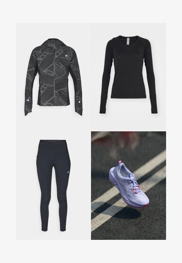 Melna sporta jaka ar atstarojošu ģeometrisku rakstu, elegantu dizainu, pilnu rāvējslēdzēju priekšā un kapuci. Iekļauj kabatas un aproču akcentus.; Melna garām piedurknēm krekls, izgatavots no mīksta auduma. Iekļauj apaļu kakla izgriezumu un raglan piedurknes ar caurumiem īkšķiem pie aprocēm. Minimalistisks dizains.; ASICS ROAD HIGH WAIST - Pieguļošas ziemas bikses - performance black; Gaiši violeta skriešanas apavi ar teksturētu virsmas materiālu, rožīgu akcentu, apaļu šņorēšanas mehānismu un punktētu zoli, izbīdīti virs asfalta fona.