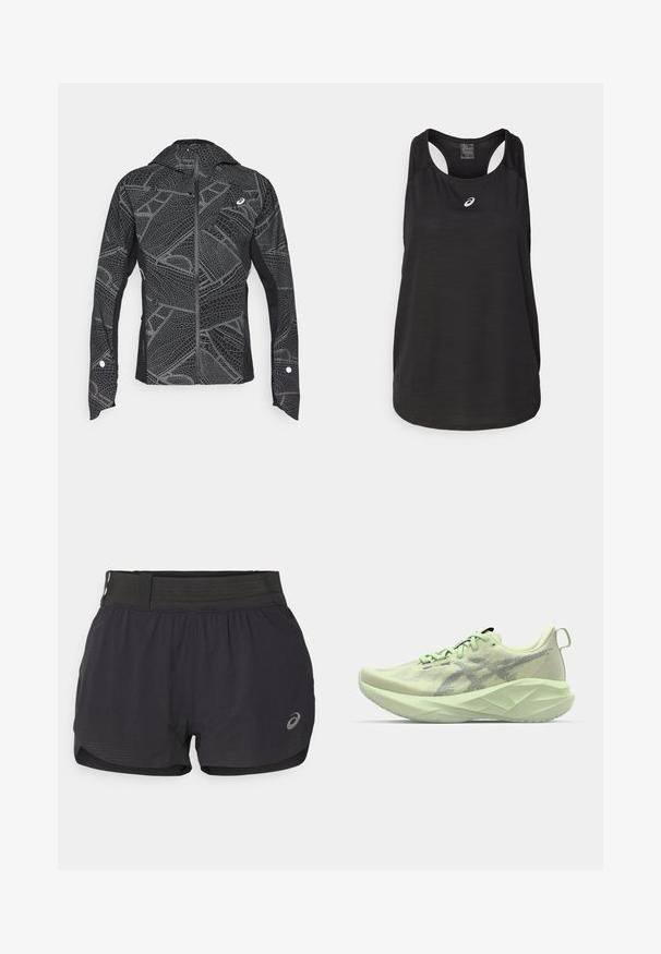 Giacca sportiva nera con motivo geometrico riflettente, design elegante, chiusura frontale con zip completa e cappuccio. Presenta tasche e dettagli sui polsini.; Canotta atletica nera realizzata in tessuto leggero. Presenta un colletto rotondo, un design con schiena a racer e un piccolo logo bianco sulla parte anteriore.; Pantaloni da corsa neri con fascia in rete in vita, caratterizzati da una superficie liscia, lunghezza corta e un piccolo logo sul lato destro in basso.; Scarpa da atletica verde chiaro con tomaia in rete, dettagli testurizzati e suola spessa e angolare per un maggiore ammortizzamento e supporto.