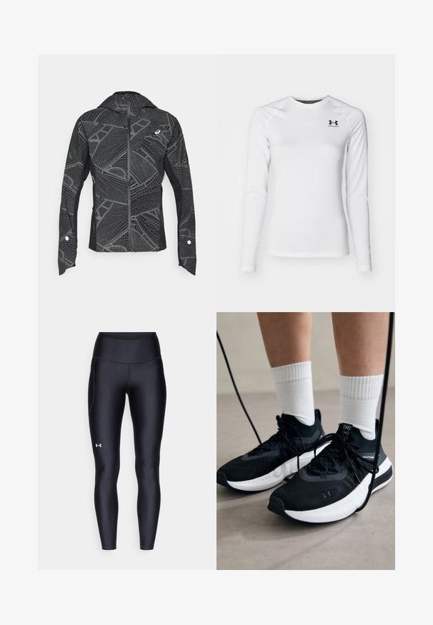 Black athletic jacket with reflective geometric pattern, sleek design, full zip front, and hood. Features pockets and cuff accents.; Long-sleeve white athletic shirt made of smooth fabric, featuring a crew neck and black logo on the upper left chest.; Black leggings made of smooth, stretchy material with a high waistband. Features a white logo on the left thigh and fitted design.; Black athletic shoes with textured fabric, white sole, and black laces. Worn with white ribbed socks, standing on a light surface.