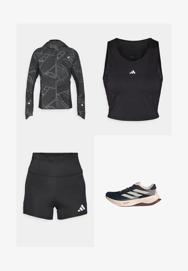 Černá sportovní bunda s reflexním geometrickým vzorem, elegantní design, kompletní zip vpředu a kapuce. Obsahuje kapsy a akcenty na manžetách.; Černý sportovní crop top vyrobený z látky odvádějící vlhkost, s kulatým výstřihem, bez rukávů a bílým logem na hrudi.; adidas Performance Punčochy - black; Běžecká obuv s tmavě modrým síťovaným svrškem, světle béžovou podešví a bílým trojpruhovým designem. Vyznačuje se štíhlým, aerodynamickým tvarem a texturovanými akcenty.