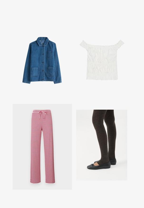 Tamsiai mėlynas džinsinis švarkas su apykakle, priekyje užsegamas knopkėmis, dviem kišenėmis ir matomais siuvinėjimo detalėmis. Lygus paviršius.; Balta be rankovių viršutinė dalis su raukšlėmis, susiraukšlėjusiu paviršiumi ir elastingu juosmeniu. Pagaminta iš minkštos medvilnės medžiagos.; Raudonos ir baltos dryžuotos, laisvo kirpimo kelnes su raišteliu juosmens srityje ir banguota tekstūra. Tiesaus kirpimo dizainas siekia kulkšnis.; Juodos plokščios bateliai su maža kaspinėlio detale prie pirštų, derinami su tamsiai rudos spalvos raukšlėtomis pėdkelnėmis. Bateliai turi lygų paviršių ir žemą profilį.