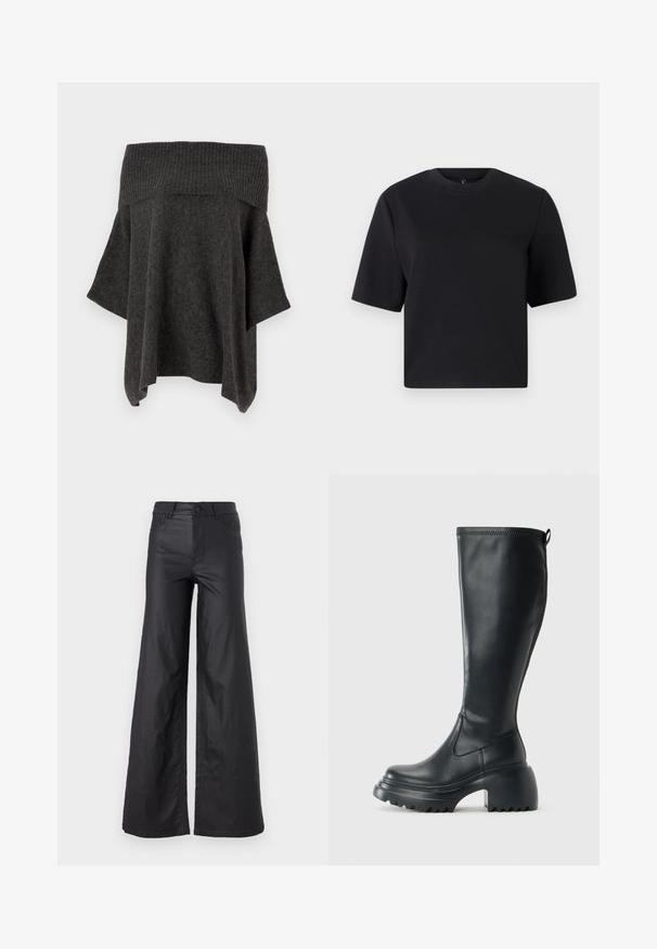 Top bez ramínek v tmavě šedé barvě z pleteniny, s žebrovaným výstřihem, volnými rukávy a uvolněným střihem. Měkká textura a neformální design.; Černé tričko s krátkým rukávem, kulatým výstřihem, vyrobené z hladké bavlněné tkaniny; volný střih, minimalistický design, žádné viditelné vzory nebo akcenty.; Černé kalhoty s širokými nohavicemi ze syntetické kůže. Mají vysoký pás, poutka na opasek, dvě přední kapsy a prošívané detaily.; Vysoká černá kožená bota s masivní platformou a blokovým podpatkem, s poutkem a texturovaným vzorkem na podrážce.
