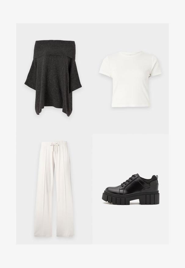 Top de malha cinza escuro, com decote ombro a ombro, mangas largas e silhueta descontraída. Textura suave e design casual.; T-shirt branca curta feita de algodão, com mangas curtas, um decote redondo e uma bainha reta, apresentando uma textura suave e um design minimalista.; Calças de fato de treino beija claro, feitas de um tecido suave, com cintura elástica ajustável, pernas largas e costuras verticais, apresentando uma textura lisa.; Sapatos de plataforma em couro preto com um salto bloco robusto, bico redondo e design clássico de atacadores. Apresentam uma textura suave e detalhes mínimos.