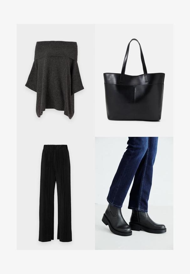 Off-the-shoulder-tyylinen tummanharmaa neulottu paita, jossa on ribbauskaulus, löysät hihat ja rento siluetti. Pehmeä rakenne ja rento muotoilu.; Musta puuvillapaita lyhyillä hihoilla, pyöreä pääntie ja kontrastivalkoiset tikkaukset hihansuihin. Sileä rakenne, rento istuvuus.; Mustat pleatatut housut, joissa on joustava vyötärö. Ominaisuuksiin kuuluvat leveät lahkeet ja sileä, teksturoitu kangas, jossa on pystysuoria raitoja.; Mustat nahka-avokkaat paksulla pohjalla ja sivussa elastiset paneelit, yhdistettynä tummansinihin farkkuihin. Maa on vaaleanvärinen.; Musta nahkainen kassi, jossa on kaksi pitkää kahvaa, sileä pinta ja jämäkkä muoto. Sisältää etutaskun lisävarastointia varten.