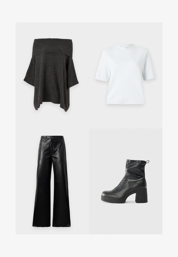 Õlavarrelt kukkuv tumehall kudum, millel on ribatud kaelus, lõdvad varrukad ja vabalt langev siluett. Pehme tekstuur ja lõdva disain.; Hele sinine lühikeste varrukatega T-särk, mis on valmistatud pehmest puuvillast. Omab klassikalist ümmargust kaelust ja lõdvestunud lõiget, ilma mustrite või aktsentideta.; Mustad talje laiad jalad kunstnahast püksid esipaneeli nööbi ja lukuga, vöödega ja küljetaskutega valge tausta peal.; Mustad mustad ansapüksid, mis on valmistatud siledast nahast, külje zipperiga, paksu tekstuuriga kontsaga ja ümmarguse nina disainiga.