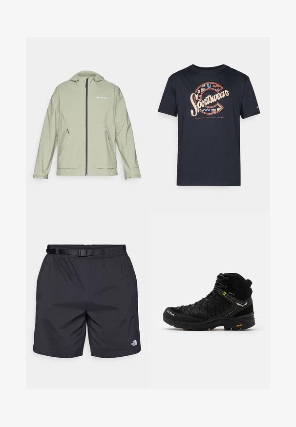 Lys grøn vanntett jakke med hette, frontlynlås, sidelommer og elastiske mansjetter. Har Columbia-logo på brystet.; Marineblå bomulls t-skjorte med en stor, fargerik "Sportswear" grafikk med geometriske mønstre og bokstaven "C" på forsiden.; Sorte lette shorts med en avslappet passform, som har et justerbart belte, sidelommer og North Face-logoen på nederste høyre ben.; Svarte tursko med teksturert overdel, forsterket tå og Vibram såle. Snøresystemet inkluderer kroker for en sikker passform.