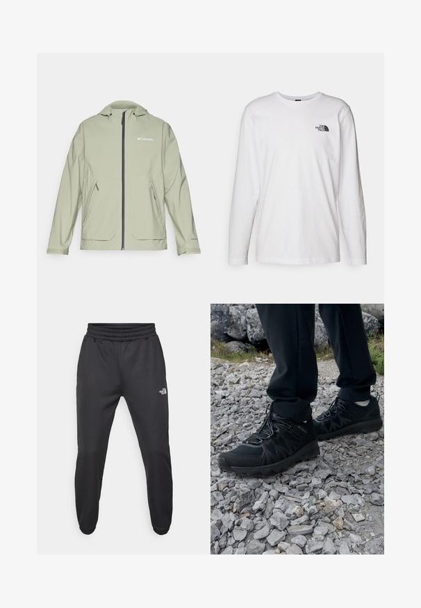 Giacca impermeabile verde chiaro con cappuccio, zip frontale, tasche laterali e polsini elastici. Presenta il logo Columbia sul petto.; T-shirt bianco a maniche lunghe in cotone con colletto rotondo. Presenta un piccolo logo nero sul petto. Texture liscia, vestibilità regolare.; Pantaloni sportivi neri con vita regolabile tramitecordino, vestibilità affusolata, polsini elasticizzati e un piccolo logo bianco sulla coscia sinistra, realizzati in tessuto morbido.; Scarpe da esterni nere realizzate in mesh e materiale sintetico, con una parte superiore testurizzata, un sistema di allacciatura sicuro e una suola robusta, su terreno roccioso.