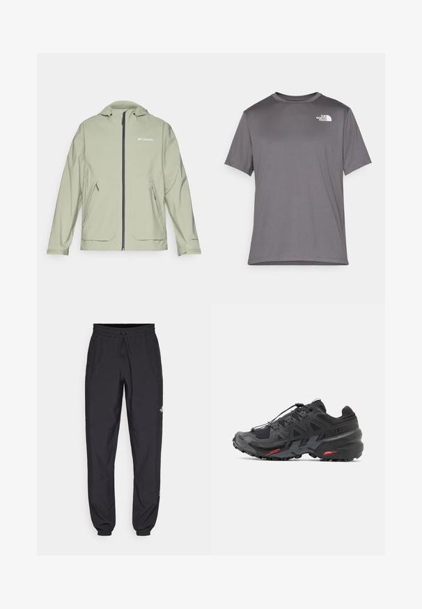 Giacca impermeabile verde chiaro con cappuccio, zip frontale, tasche laterali e polsini elastici. Presenta il logo Columbia sul petto.; Maglietta atletica grigia a maniche corte realizzata in tessuto leggero e morbido. Presenta un logo bianco sulla parte sinistra del petto. Design con collo rotondo.; Pantaloni sportivi neri realizzati in tessuto leggero, con vita regolabile con cordino, tasche laterali e orli affusolati alle caviglie.; Scarpa da corsa nera con tomaia sintetica, design testurizzato e accenti rossi a contrasto. Presenta un sistema di lacci sicuro e una suola robusta.