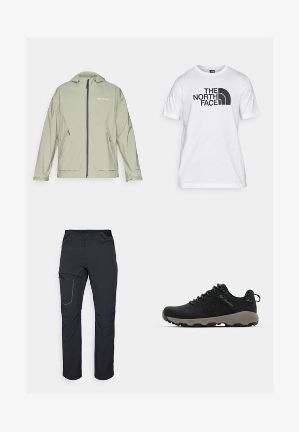 Veste imperméable vert clair avec capuche, fermeture éclair avant, poches latérales et poignets élastiques. Présente le logo Columbia sur la poitrine.; T-shirt en coton blanc avec un imprimé graphique noir comprenant du texte et un design de logo courbé. Encolure ronde et manches courtes. Texture lisse.; Pantalon d'extérieur noir avec poche sur la cuisse zippée, taille élastique et tissu lisse, résistant à l'eau. Design épuré sans logos visibles.; Chaussure de randonnée noire avec une tige lisse, un design perforé, une semelle extérieure grise et un talon renforcé. Comprend des lacets et une languette pour un enfilage facile.