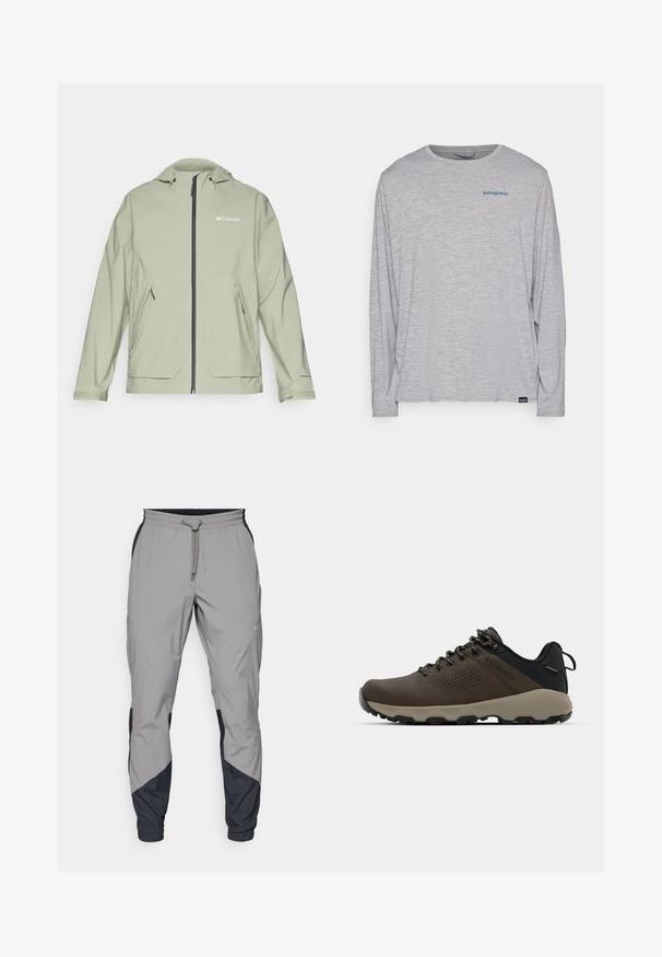 Giacca impermeabile verde chiaro con cappuccio, zip frontale, tasche laterali e polsini elastici. Presenta il logo Columbia sul petto.; T-shirt grigio chiaro a maniche lunghe realizzato in un morbido tessuto testurizzato. Presenta un collo a giro e un piccolo logo blu Patagonia sul petto.; Pantaloni sportivi leggeri grigi con accenti neri. Vita elastica, chiusura con cordino, design a gamba affusolata e tasche laterali.; Sneakers impermeabili marroni con tomaia testurizzata, dettagli perforati, supporto al tallone nero e suola in gomma grigia. I lacci sono decorati con estremità metalliche.