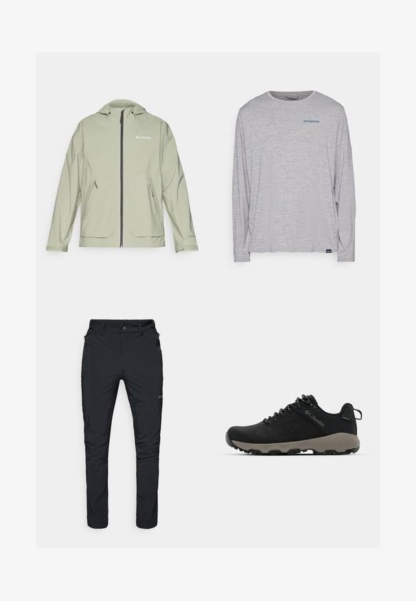 Hellgrüne, wasserdichte Jacke mit Kapuze, Frontreißverschluss, Seitentaschen und elastischen Bündchen. Mit Columbia-Logo auf der Brust.; Hellgraues Langarm-T-Shirt aus weichem, strukturiertem Stoff. Verfügt über einen Rundhalsausschnitt und ein kleines blaues Patagonia-Logo auf der Brust.; Schwarze Outdoor-Hosen mit geradem Schnitt, ausgestattet mit Reißverschlusstaschen, Gürtelschlaufen und einer leichten, strapazierfähigen Stofftextur.; Schwarze Wanderschuhe mit glattem Obermaterial, perforiertem Design, grauer Laufsohle und verstärktem Fersenbereich. Mit Schnürsenkeln und einer Schlaufe für einfaches Anziehen.
