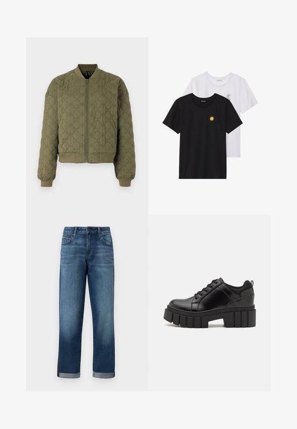 Töltött bomberdzseki olajzöld színben, elülső cipzárral, bordázott mandzsettákkal és szegéllyel, valamint virágmintával a szöveten.; Fekete és fehér T-shirtok, kerek nyakkivágással, rövid ujjakkal. A fekete pólón sárga nap hímzés található; a fehér póló lila félhold díszítéssel rendelkezik.; Közepes kék mosású farmernadrág, egyenes szárú kialakítással, feltekert szárakkal és minimális kopással. Klasszikus öt zsebes stílus.; Fekete bőr platform cipők vaskos blokk sarkakkal, kerek orral és hagyományos fűzős kialakítással. Simára csiszolt felület és minimális részletezés jellemzi.