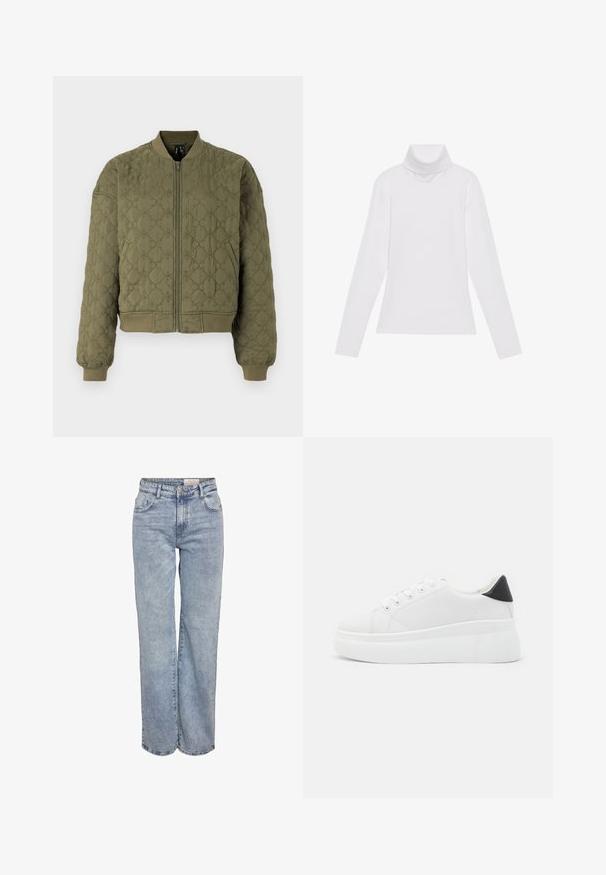 Jakna s prešanim uzorkom u maslinasto zelenoj boji, s prednjim zatvaračem, rebrastim manžetama i donjim rubom, te cvjetnim uzorkom utisnutim na tkanini.; Bijela majica dugih rukava s rolificom izrađena od glatkog, rastezljivog materijala. Ima visoki ovratnik i uski kroj, bez vidljivih uzoraka ili ukrasa.; Svijetloplave široke traperice napravljene od denima, s visokim strukom, dizajnom od pet džepova i suptilnim izbljeđivanjem za izgled nošenih traperica.; Bijele platforme tenisice napravljene od glatkog sintetičkog materijala, s okruglim vrhom, dizajnom s vezanjem i teksturiranom gumenom potplatom. Crni detalj na peti.