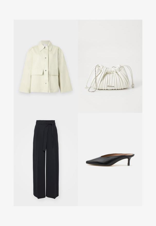 Helle beige Kurzjacke aus robustem Material, ausgestattet mit einem breiten Kragen, einer Druckknopfleiste vorne und zwei großen Fronttaschen.; Hellbeige Rollkragenpullover aus weichem Stoff. Bietet einen lässigen Schnitt, gerippte Säume und Manschetten sowie lange Ärmel. Minimalistisches Design.; Schwarze weite Hosen aus weichem Stoff. Mit einem Gürteltäfelchen und vorderen Falten. Glatte Textur mit einem klaren, modernen Design.; Schwarze Leder-Mules mit spitzem Zehenbereich und niedrigem Blockabsatz. Glatte Textur mit elegantem Design. Offene Rückseite mit minimaler Gestaltung.; Weiße plissierte Handtasche aus weichem Material. Verfügt über einen Kordelzugverschluss, geflochtene Griffe und ein silberfarbenes Hardware-Detail.