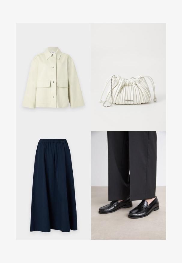 Lichtbeige korte jas gemaakt van stevig materiaal, met een gespreide kraag, sluiting met knopen aan de voorkant en twee grote zakken aan de voorkant.; Grijze V-hals trui gemaakt van zachte wol-mix stof, met lange mouwen en een relaxed fit. Eenvoudig, minimalistisch ontwerp zonder opvallende patronen.; Marineblauwe, lange rok gemaakt van textuurstof met een elastische tailleband en subtiele verticale strepen.; Zwarte leren instappers met een gladde afwerking, gestikte details rond de teen en een lage rubberen zool. Gepaard met brede zwarte broeken.; Witte geplooide handtas gemaakt van zacht materiaal. Voorzien van een trekkoordsluiting, gevlochten handvatten en een accent van zilverkleurig hardware.