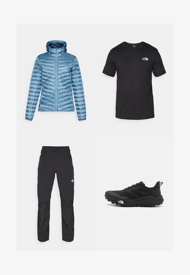 ODLO JACKET INSULATED X-ALP PACKABLE - Gewatteerde jas - provincial blue; Zwarte T-shirt met korte mouwen van katoen, voorzien van een ronde halslijn en een klein wit logo op de bovenste linkerkant van de borst.; Zwarte outdoor broek met een ritssluiting voorzak, synthetisch materiaal, taps toelopende benen en versterkte kniestukken. Voorzien van een knoopsluiting.; Zwarte trailrunning schoen met een gestructureerde bovenkant, rubberen zool en versterkte neus. Voorzien van een gevoerde kraag en een trekhaak voor eenvoudig aan- en uittrekken.