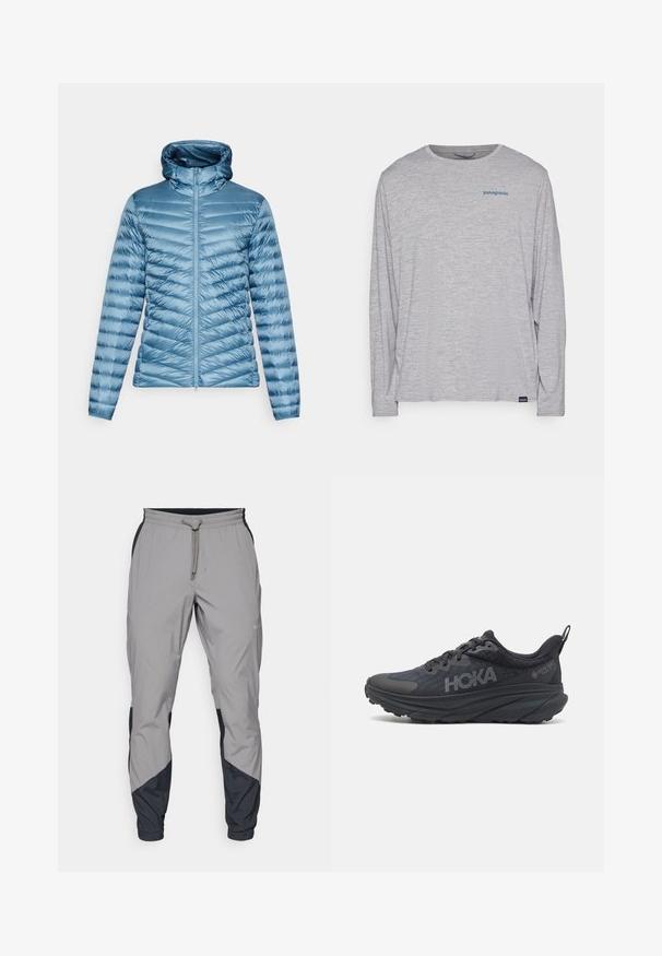 ODLO JACKET INSULATED X-ALP PACKABLE - Dunjakke - provincial blue; Lys grå langermet t-skjorte laget av myk, teksturert stoff. Har rund hals og en liten blå Patagonia-logo på brystet.; Lettvektige, grå treningsbukser med svarte detaljer. Elastisk midjebånd, snøring, tapered benedesign og sidelommer.; Svart Hoka løpesko med mesh-overdel, teksturerte detaljer, og en tykk, polstret såle med avsmalnende kanter for forbedret støtte.
