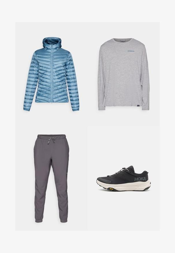 ODLO JACKET INSULATED X-ALP PACKABLE - Μπουφάν με πούπουλα - provincial blue; Ανοιχτό γκρι μακρυμάνικη μπλούζα φτιαγμένη από μαλακό, υφασμάτινο υλικό. Διαθέτει στρογγυλή λαιμόκοψη και ένα μικρό μπλε λογότυπο Patagonia στο στήθος.; Γκρίζες, ελαφριές, ελαστικές παντελόνες με ρυθμιζόμενο κορδόνι στη μέση; κομμένες πόδια; λεία υφή; περιλαμβάνει λεπτομέρεια λογοτύπου στο πλάι.; Μαύρο αθλητικό παπούτσι με υφασμάτινη επιφάνεια, γκρίζες λεπτομέρειες, ανακλαστικά στοιχεία και παχύ λευκό πάτο με σήμα Vibram.